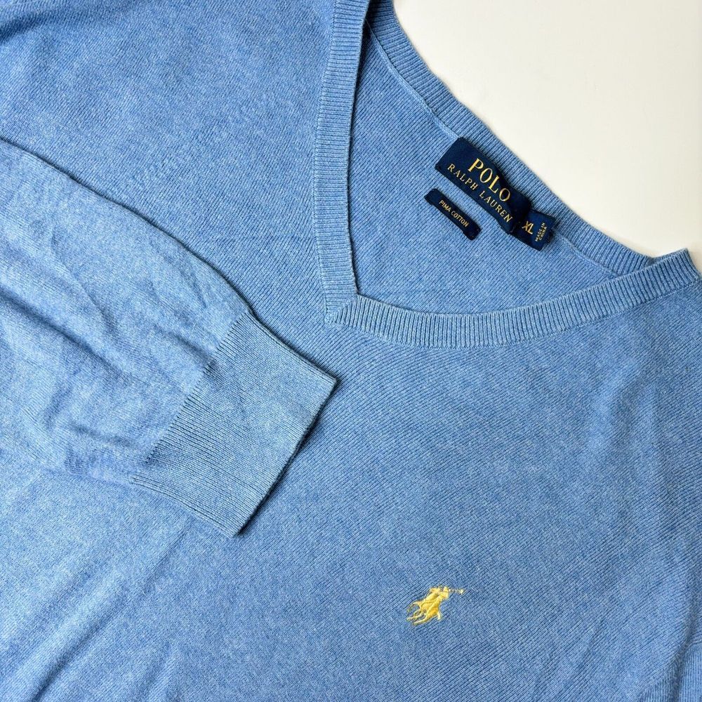 Polo Ralph Lauren Sweater Men's XL Lt Blue 100% Pima Cotton Pullover Yellow Pony